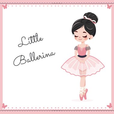 Beyaz arka planda dans eden pembe elbiseli güzel ve nazik balerin kız. Poster, Banner, Flyer, tebrik kartı. Çizgi film tarzında vektör illüstrasyonu