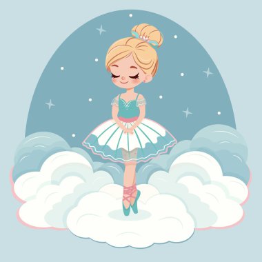 Beyaz ve mavi elbiseli güzel ve nazik balerin kız bulutların üzerinde yıldızlarla dans ediyor. Poster, Banner, Flyer, tebrik kartı. Çizgi film tarzında vektör illüstrasyonu