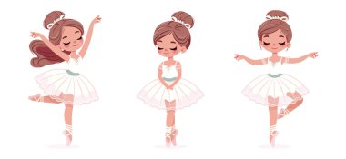 Beyaz elbiseli güzel balerin beyaz arka planda dans ediyor. Çizgi film tarzında vektör illüstrasyonu