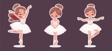 Beyaz arka planda dans eden beyaz ve pembe elbiseli güzel balerin etiketleri. Çizgi film tarzında vektör illüstrasyonu