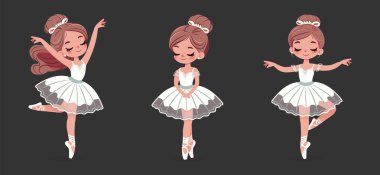 Beyaz elbiseli güzel balerin beyaz arka planda dans ediyor. Çizgi film tarzında vektör illüstrasyonu