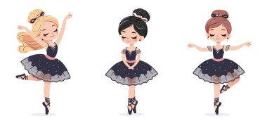 Beyaz arka planda dans eden siyah ve pembe elbiseli farklı güzel balerinler. Poster, Banner, Flyer, tebrik kartı. Çizgi film tarzında vektör illüstrasyonu