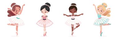 Beyaz arka planda dans eden beyaz ve pembe elbiseli farklı uluslararası balerinler. Poster, Banner, Flyer, tebrik kartı. Çizgi film tarzında vektör illüstrasyonu