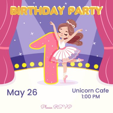 Beyaz elbiseli güzel balerin kızın sahnede dans ettiği doğum günü partisi davetiyesi. Bir numaralı balerin. Poster, Banner, Flyer, tebrik kartı. Çizgi film tarzında vektör illüstrasyonu