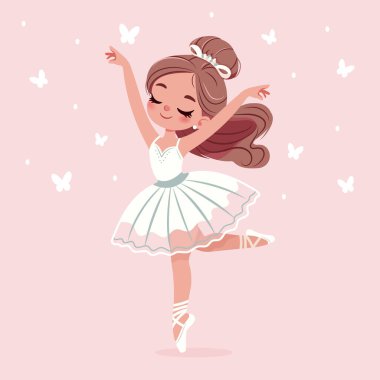 Beyaz elbiseli güzel ve nazik balerin kız pembe arka planda kelebeklerle dans ediyor. Poster, Banner, Flyer, tebrik kartı. Çizgi film tarzında vektör illüstrasyonu
