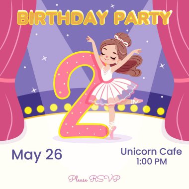 Beyaz elbiseli güzel balerin kızın sahnede dans ettiği doğum günü partisi davetiyesi. 2 numaralı balerin. Poster, Banner, Flyer, tebrik kartı. Çizgi film tarzında vektör illüstrasyonu