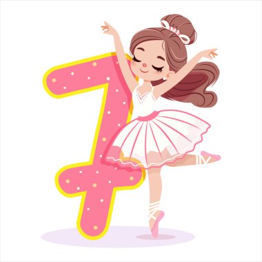 Beyaz elbiseli güzel balerin kız, beyaz arka planda 7 numarayla dans ediyor. Bir numaralı balerin. Poster, Banner, Flyer, tebrik kartı. Çizgi film tarzında vektör illüstrasyonu