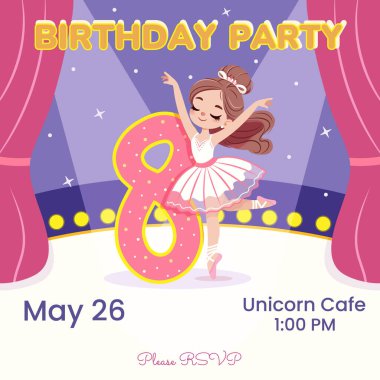 Beyaz elbiseli güzel balerin kızın sahnede dans ettiği doğum günü partisi davetiyesi. 8 numaralı balerin. Poster, Banner, Flyer, tebrik kartı. Çizgi film tarzında vektör illüstrasyonu