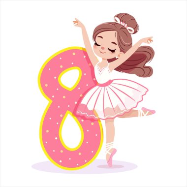 Beyaz elbiseli güzel balerin kız beyaz arka planda 8 numarayla dans ediyor. Bir numaralı balerin. Poster, Banner, Flyer, tebrik kartı. Çizgi film tarzında vektör illüstrasyonu