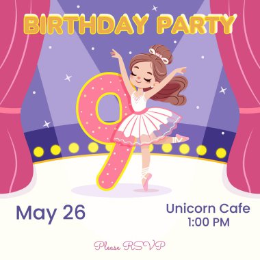 Beyaz elbiseli güzel balerin kızın sahnede dans ettiği doğum günü partisi davetiyesi. 9 numarayla balerin. Poster, Banner, Flyer, tebrik kartı. Çizgi film tarzında vektör illüstrasyonu