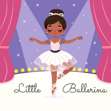 Beyaz elbiseli güzel ve nazik balerin kız sahnede dans ediyor. Poster, Banner, Flyer, tebrik kartı. Çizgi film tarzında vektör illüstrasyonu