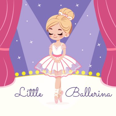 Beyaz elbiseli güzel ve nazik balerin kız sahnede dans ediyor. Poster, Banner, Flyer, tebrik kartı. Çizgi film tarzında vektör illüstrasyonu