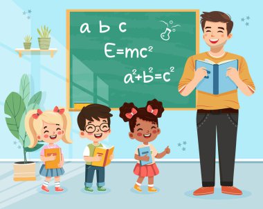 Sınıfta tahtada duran gülümseyen öğrenci ve öğretmen. Okul konseptine geri dönelim. Çizgi film tarzında vektör illüstrasyonu