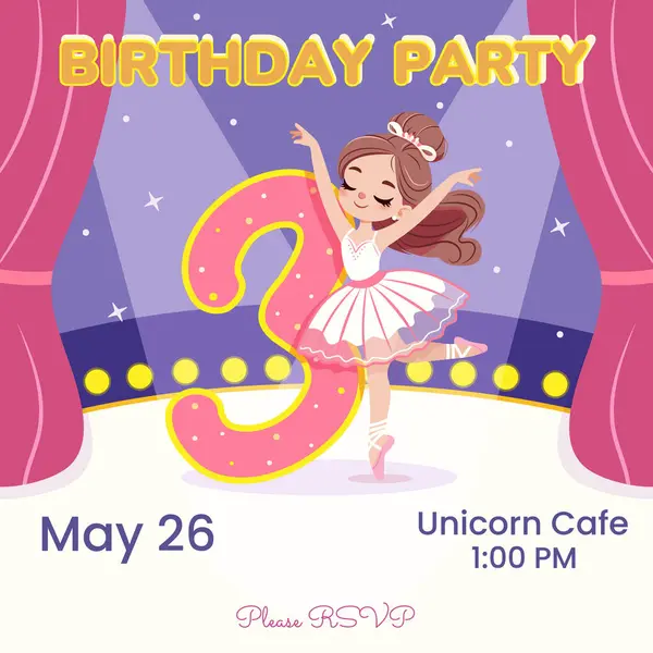 Beyaz elbiseli güzel balerin kızın sahnede dans ettiği doğum günü partisi davetiyesi. 3 numaralı balerin. Poster, Banner, Flyer, tebrik kartı. Çizgi film tarzında vektör illüstrasyonu