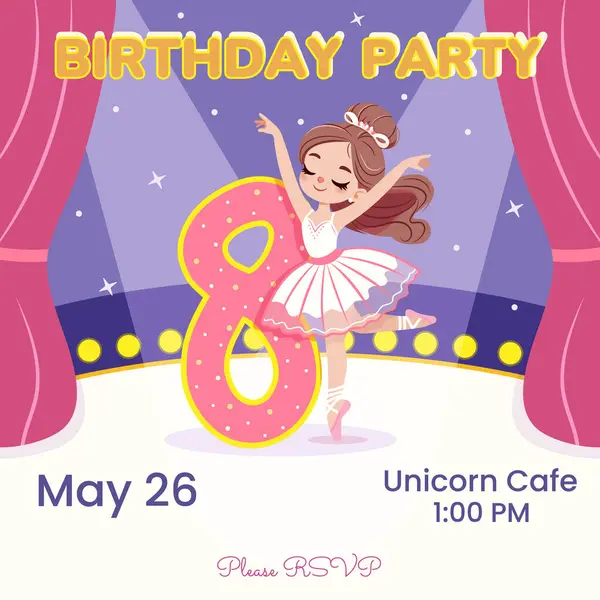 Beyaz elbiseli güzel balerin kızın sahnede dans ettiği doğum günü partisi davetiyesi. 8 numaralı balerin. Poster, Banner, Flyer, tebrik kartı. Çizgi film tarzında vektör illüstrasyonu