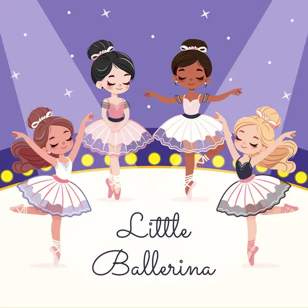Güzel ve nazik uluslararası balerin kızlar sahnede dans ediyorlar. Poster, Banner, Flyer, tebrik kartı. Çizgi film tarzında vektör illüstrasyonu