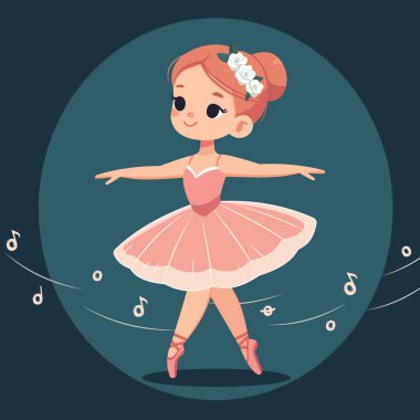 Pembe elbiseli güzel ve nazik balerin kız müzikle dans ediyor. Poster, Banner, Flyer, tebrik kartı. Çizgi film tarzında vektör illüstrasyonu