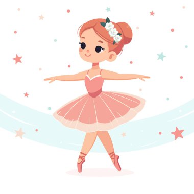 Beyaz arka planda yıldızlarla dans eden pembe elbiseli güzel ve nazik balerin kız. Poster, Banner, Flyer, tebrik kartı. Çizgi film tarzında vektör illüstrasyonu