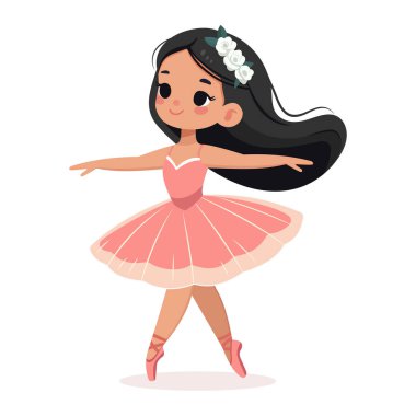 Beyaz arka planda dans eden güzel ve nazik balerin kız. Poster, Banner, Flyer, tebrik kartı. Çizgi film tarzında vektör illüstrasyonu