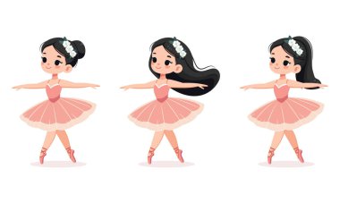 Beyaz arka planda dans eden renkli elbiseli uluslararası balerin kızları. Poster, Banner, Flyer, tebrik kartı. Çizgi film tarzında vektör illüstrasyonu
