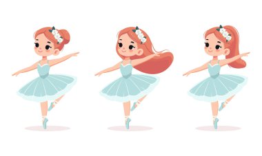 Beyaz arka planda dans eden renkli elbiseli uluslararası balerin kızları. Poster, Banner, Flyer, tebrik kartı. Çizgi film tarzında vektör illüstrasyonu