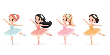 Beyaz arka planda dans eden renkli elbiseli uluslararası balerin kızları. Poster, Banner, Flyer, tebrik kartı. Çizgi film tarzında vektör illüstrasyonu