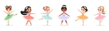 Beyaz arka planda dans eden renkli elbiseli uluslararası balerin kızları. Poster, Banner, Flyer, tebrik kartı. Çizgi film tarzında vektör illüstrasyonu