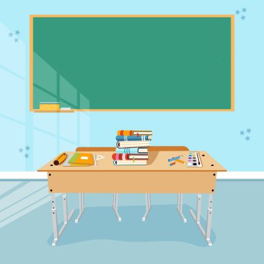 Okul masasında okul yönetim kurulu arkasında. Okul konseptine geri dönelim. Çizgi film tarzında vektör illüstrasyonu