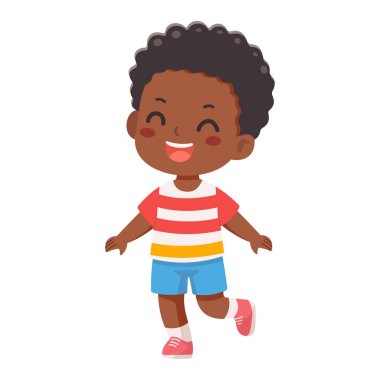 Beyaz arka planda oynayan ve koşan gülümseyen uluslararası bir çocuk. Poster, Banner, Flyer, tebrik kartı. Düz dizayn tarzında bir çizgi film karakteri izole edildi. Vektör illüstrasyonu