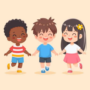 Gülümseyen uluslararası çocuklar birlikte koşup oynuyorlar. Poster, Banner, Flyer, tebrik kartı. Düz dizayn tarzında bir çizgi film karakteri izole edildi. Vektör illüstrasyonu