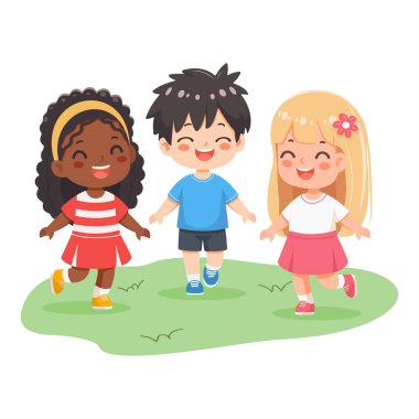 Beyaz arka planda birlikte koşan gülümseyen uluslararası çocuklar. Poster, Banner, Flyer, tebrik kartı. Düz dizayn tarzında bir çizgi film karakteri izole edildi. Vektör illüstrasyonu