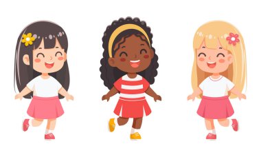 Beyaz arka planda birlikte oynayan ve koşan gülümseyen uluslararası çocuklar. Poster, Banner, Flyer, tebrik kartı. Düz dizayn tarzında bir çizgi film karakteri izole edildi. Vektör illüstrasyonu