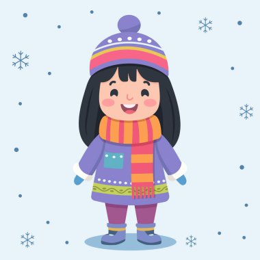 Kış kıyafetleri içinde mutlu ve gülümseyen çocuklar. Poster, Banner, Flyer, tebrik kartı. Çizgi film tarzında vektör illüstrasyonu.