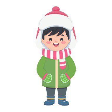 Beyaz arka planda kışın giyinmiş mutlu ve gülümseyen çocuklar. Çizgi film tarzında vektör illüstrasyonu.