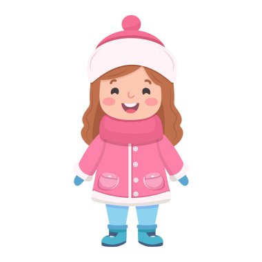 Beyaz arka planda kışın giyinmiş mutlu ve gülümseyen çocuklar. Çizgi film tarzında vektör illüstrasyonu.