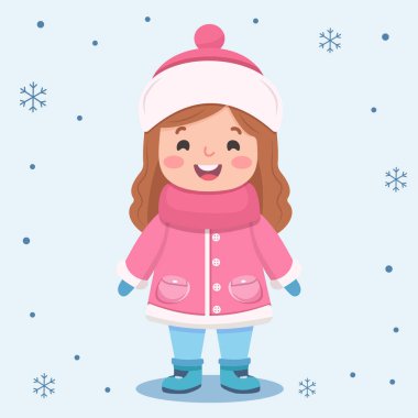 Kış kıyafetleri içinde mutlu ve gülümseyen çocuklar. Poster, Banner, Flyer, tebrik kartı. Çizgi film tarzında vektör illüstrasyonu.