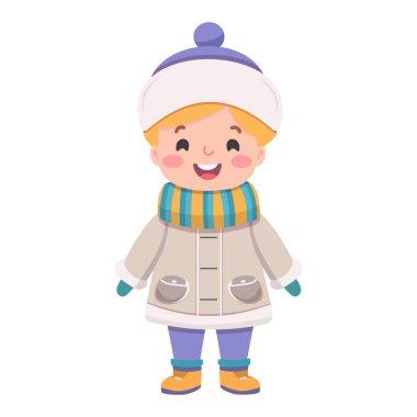 Beyaz arka planda kışın giyinmiş mutlu ve gülümseyen çocuklar. Çizgi film tarzında vektör illüstrasyonu.