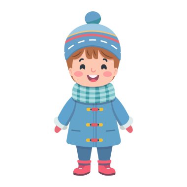 Beyaz arka planda kışın giyinmiş mutlu ve gülümseyen çocuklar. Çizgi film tarzında vektör illüstrasyonu.