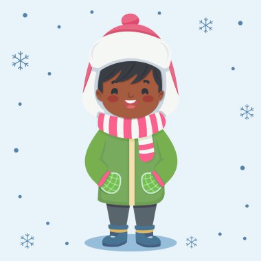 Beyaz arka planda kışın giyinmiş mutlu ve gülümseyen çocuklar. Çizgi film tarzında vektör illüstrasyonu.