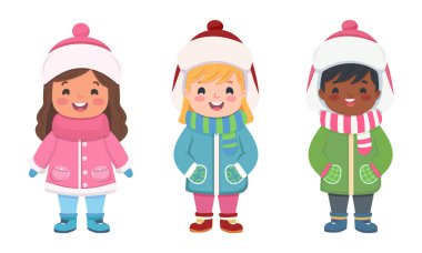 Beyaz arka planda kışın giyinmiş mutlu ve gülümseyen uluslararası çocuklar. Çizgi film tarzında vektör illüstrasyonu.