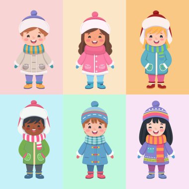 Kış kıyafetleri içinde mutlu ve gülümseyen çocuklar. Çizgi film tarzında vektör illüstrasyonu.