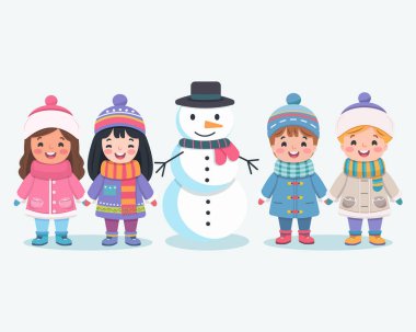 Mutlu Noeller. Sevimli ve dost canlısı çok uluslu çocuklar el ele tutuşuyor ve beyaz arka planda kardan adam var. Poster, Banner, Flyer, tebrik kartı. Çizgi film tarzında vektör illüstrasyonu