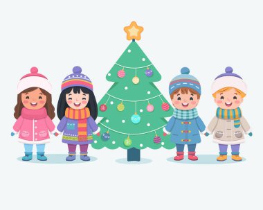 Mutlu Noeller. Beyaz arka planda el ele tutuşan sevimli ve dost canlısı çokuluslu çocuklar ve Noel ağacı. Poster, Banner, Flyer, tebrik kartı. Çizgi film tarzında vektör illüstrasyonu