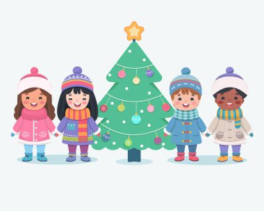Mutlu Noeller. Beyaz arka planda el ele tutuşan sevimli ve dost canlısı çokuluslu çocuklar ve Noel ağacı. Poster, Banner, Flyer, tebrik kartı. Çizgi film tarzında vektör illüstrasyonu