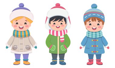 Beyaz arka planda kışın giyinmiş mutlu ve gülümseyen çocuklar. Çizgi film tarzında vektör illüstrasyonu.