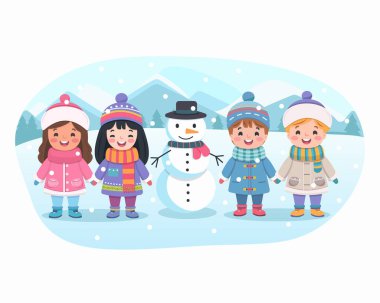 Mutlu Noeller. Sevimli ve dost canlısı çok uluslu çocuklar el ele tutuşuyor ve beyaz arka planda kardan adam var. Poster, Banner, Flyer, tebrik kartı. Çizgi film tarzında vektör illüstrasyonu