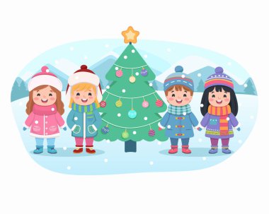 Mutlu Noeller. Beyaz arka planda el ele tutuşan sevimli ve dost canlısı çokuluslu çocuklar ve Noel ağacı. Poster, Banner, Flyer, tebrik kartı. Çizgi film tarzında vektör illüstrasyonu