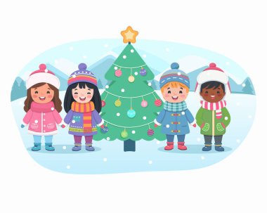 Mutlu Noeller. Beyaz arka planda el ele tutuşan sevimli ve dost canlısı çokuluslu çocuklar ve Noel ağacı. Poster, Banner, Flyer, tebrik kartı. Çizgi film tarzında vektör illüstrasyonu