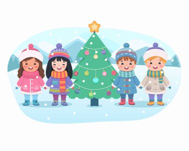 Mutlu Noeller. Beyaz arka planda el ele tutuşan sevimli ve dost canlısı çokuluslu çocuklar ve Noel ağacı. Poster, Banner, Flyer, tebrik kartı. Çizgi film tarzında vektör illüstrasyonu