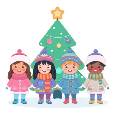 Mutlu Noeller. Beyaz arka planda el ele tutuşan sevimli ve dost canlısı çokuluslu çocuklar ve Noel ağacı. Poster, Banner, Flyer, tebrik kartı. Çizgi film tarzında vektör illüstrasyonu